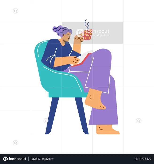 Happy woman with hot cup of tea sits in chair while reading book  Illustration