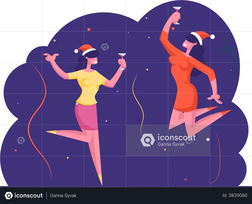 Happy Women Holding Cocktail Glasses Dancing and Jumping with Hands Up  Illustration