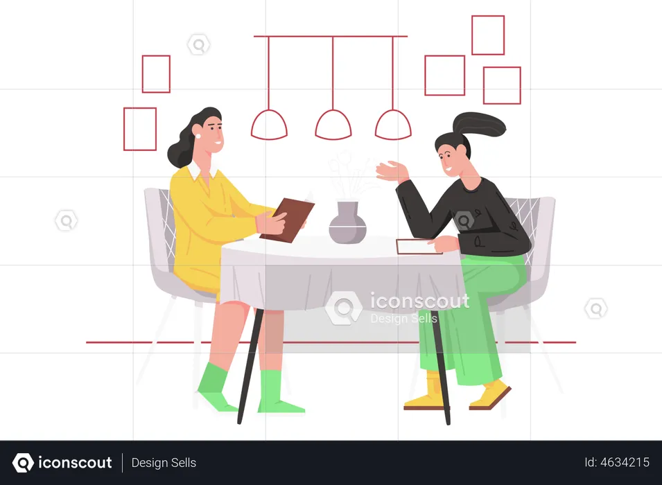 Happy women talking and choosing dishes in menu  Illustration