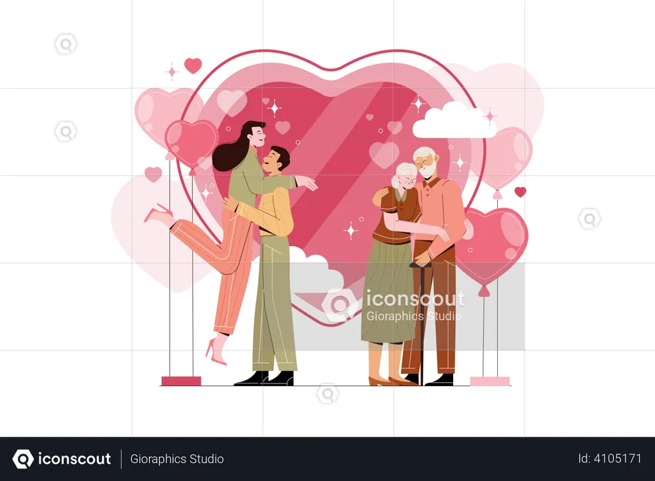Happy young and old couple celebrating Valentine's Day  Illustration