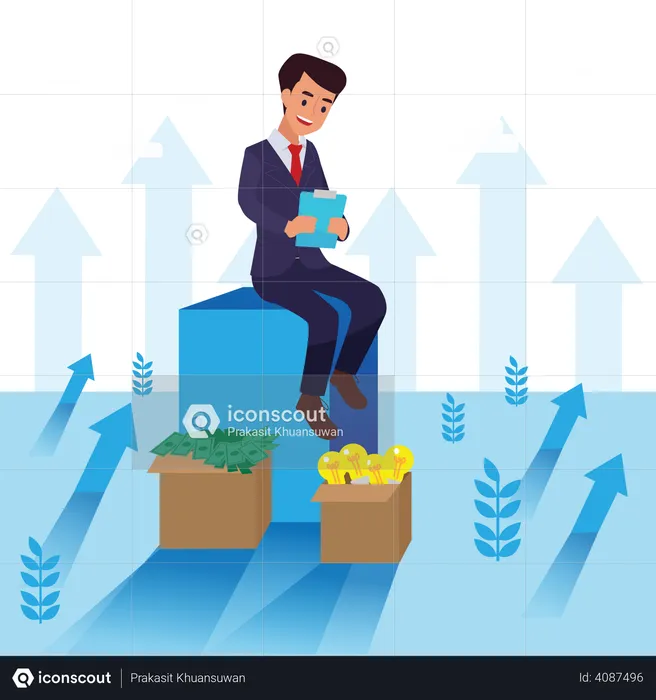 Happy young big isolated corporate man done his job as vison & mission and celebrating, leadership success and career progress concept, flat vector illustration, handsome business man.  Illustration