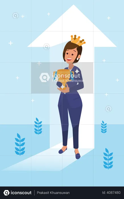 Happy young big isolated corporate woman done her job as vison & mission and celebrating, leadership success and career progress concept, flat vector illustration, handsome business girl.  Illustration