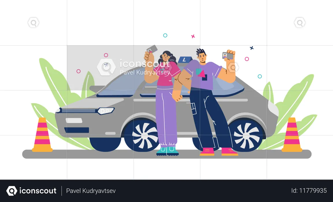 Happy young boy and girl standing near training car and holding driver licenses  Illustration