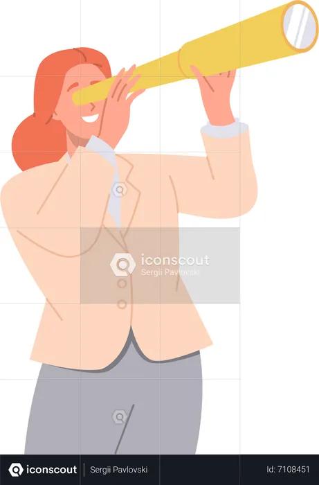 Happy young businesswoman looking through spyglass searching new perspective and opportunity  Illustration