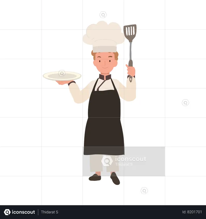 Happy Young Chef in Apron and Hat Serving Dish  Illustration