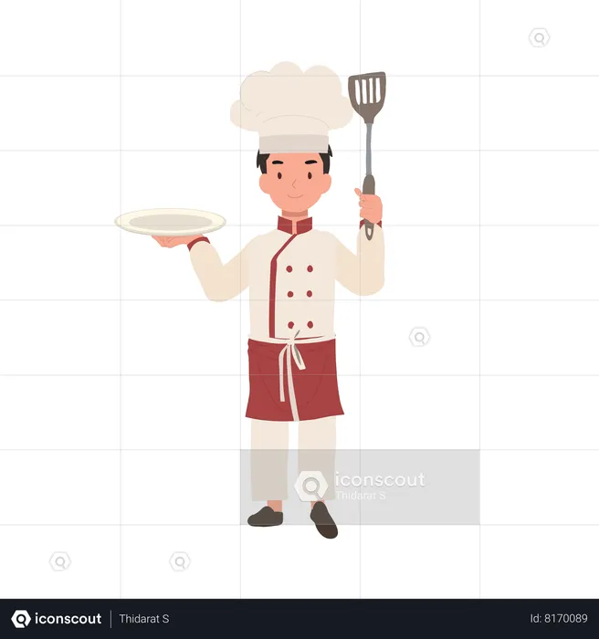 Happy young chef in apron and hat serving dish  Illustration