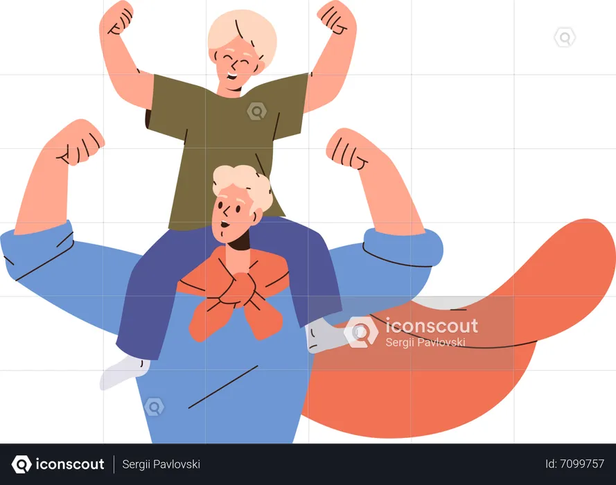 Happy young dad carrying joyful little son child on shoulders playing superhero game together  Illustration