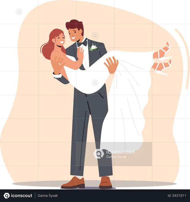 Happy Young Groom Carry Bride on Hands to Altar during Wedding Ceremony  Illustration