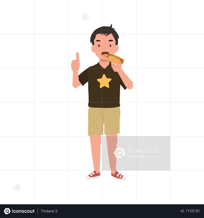 Happy young little boy eating hot dog  Illustration