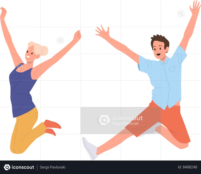 Happy young man and woman jumping feeling positive emotion joyfully cheering  Illustration