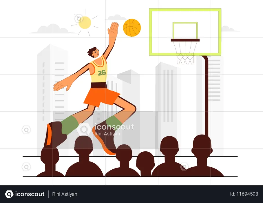 Happy Young Man Playing Basketball Wearing a Basketball Uniform on a Court for a Tournament  Illustration