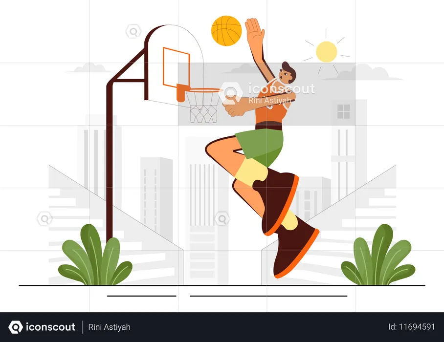 Happy Young Man Playing Basketball Wearing a Basketball Uniform on a Court  Illustration