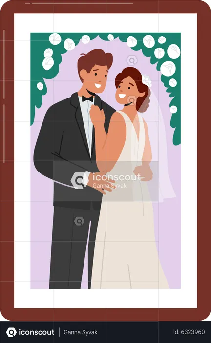 Happy young married couple in photo frame  Illustration