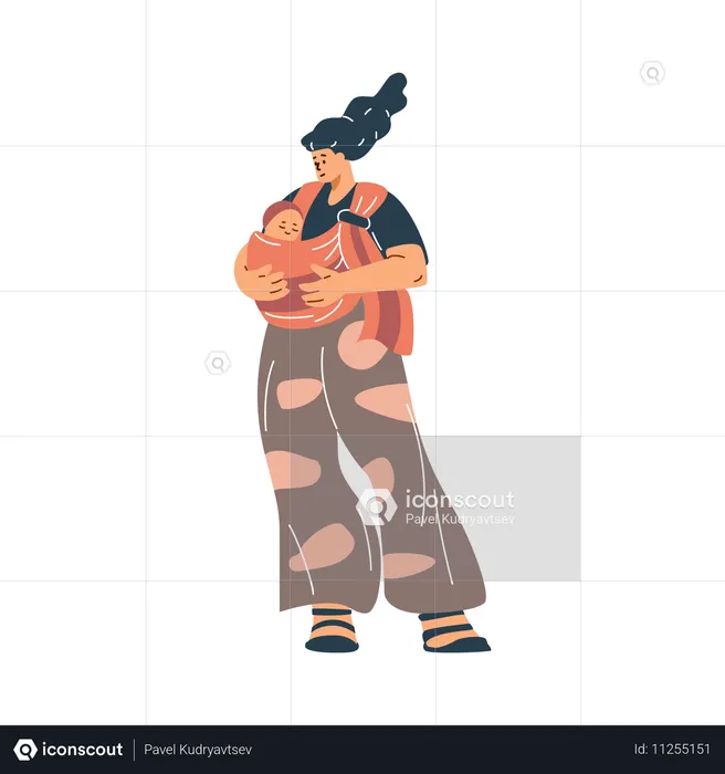 Happy young mother carrying baby in sling  Illustration