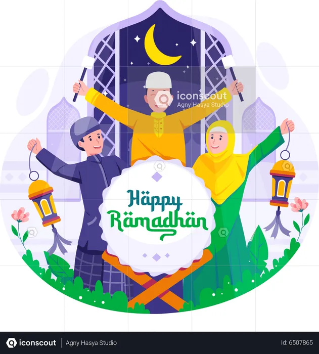 Happy Young Muslim Children celebrate Ramadan Kareem  Illustration