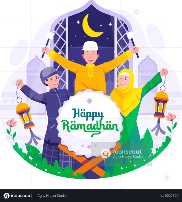 Happy Young Muslim Children celebrate Ramadan Kareem  Illustration