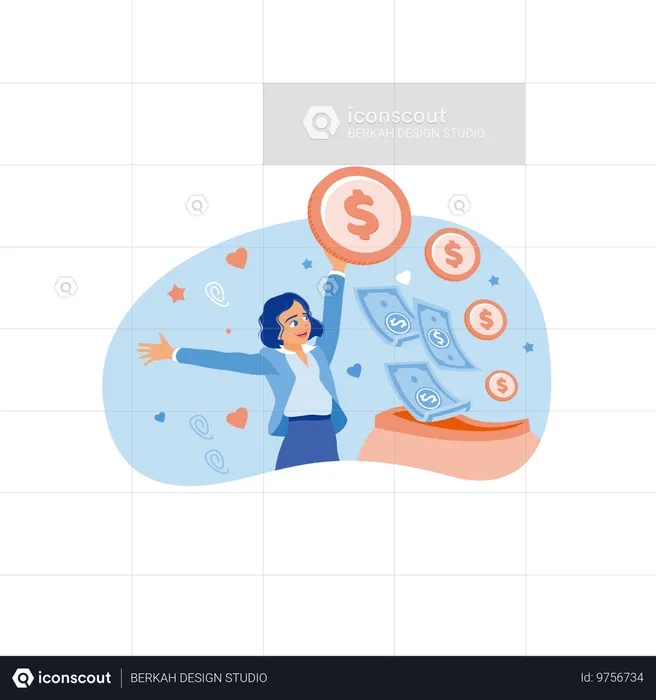 Happy young woman holding coins  Illustration
