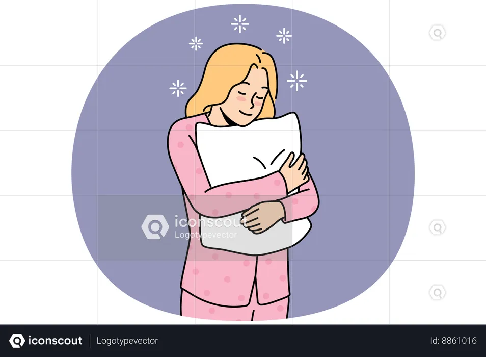 Happy young woman in pyjama feel sleepy holding fluffy pillow in hands  Illustration