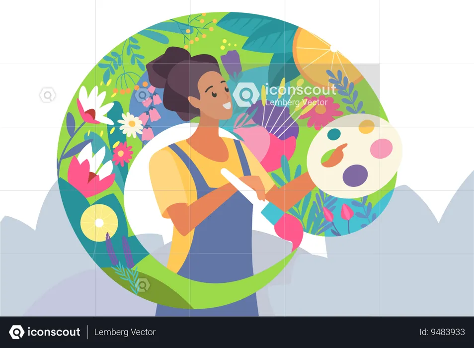 Happy young woman painting flowers  Illustration