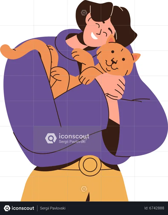 Happy young woman pet lover cuddling with cat in hands  Illustration
