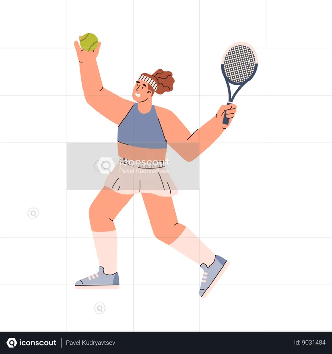 Happy young woman pitching tennis ball with racket  Illustration