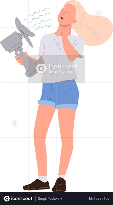 Happy young woman standing under electric ventilator fresh flow suffering from overheating  Illustration