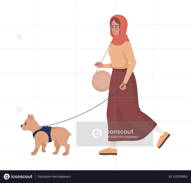 Happy young woman walking dog on leash  Illustration