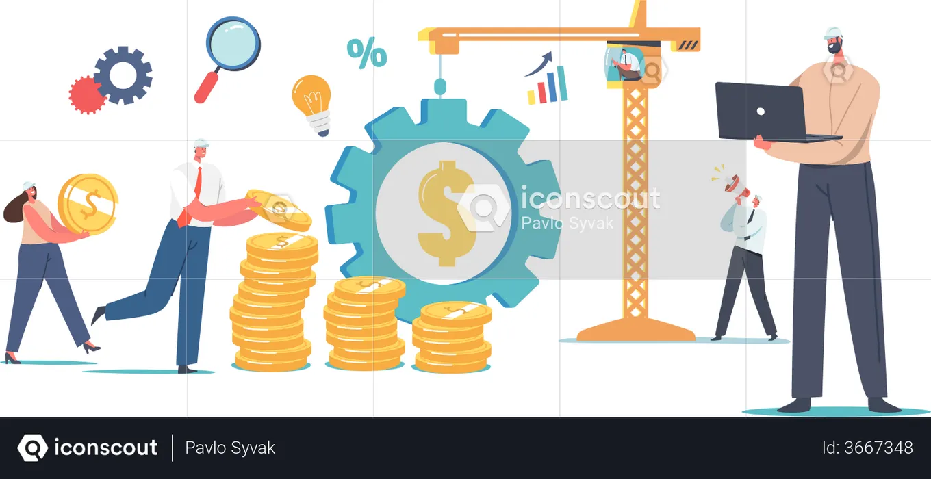 Hard Hats Working Collect Gold Coins in Stacks  Illustration