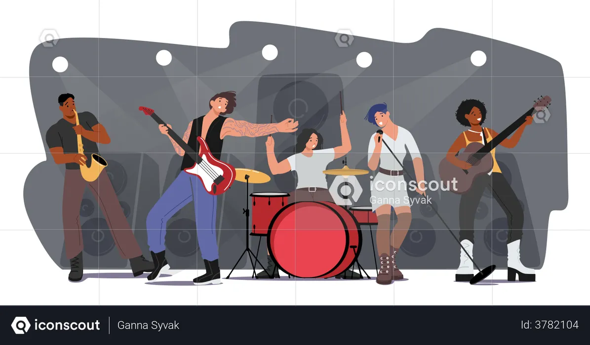 Hard Rock Band Performing Live At Concert  Illustration