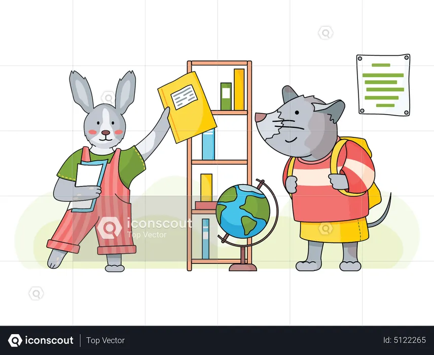 Hare holding book and mouse wearing schoolbag  Illustration