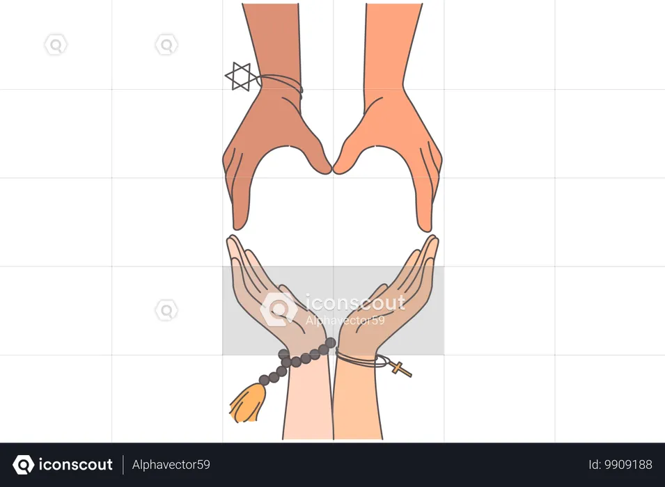 Harmonia inter-religiosa e amizade de pessoas diferentes juntas fazendo sinal de coração com as mãos  Ilustração