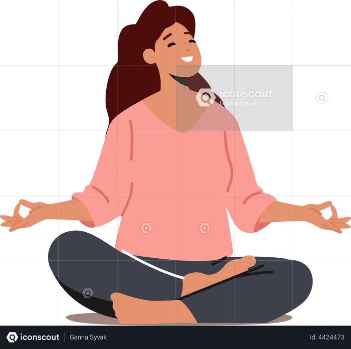 Harmony, Yoga Meditation in Hall Concept. Woman Meditating in Lotus Pose. Peaceful Female Character Enjoying Relaxation  Illustration