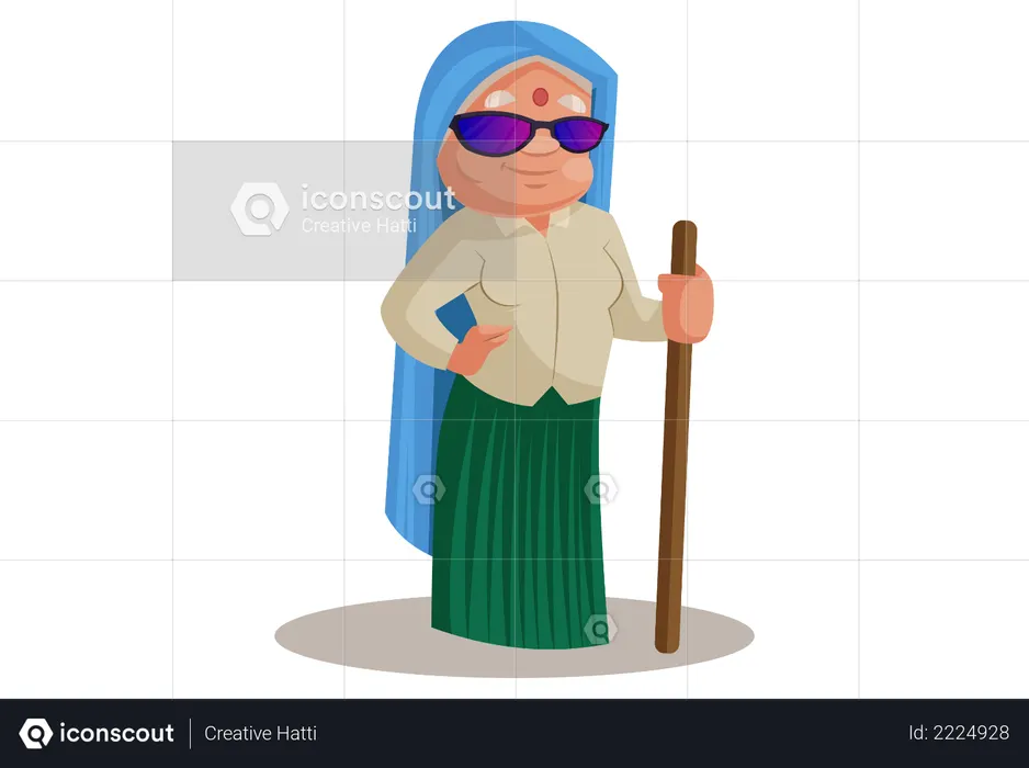 Haryanvi Woman stand wearing sun glasses and wood stick  Illustration