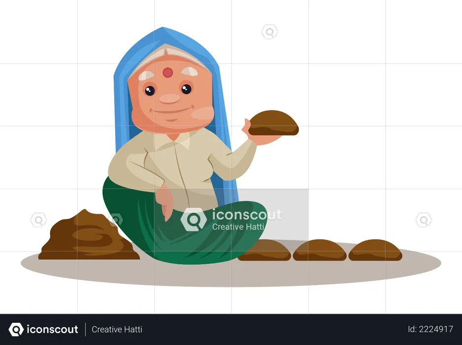 Haryanvi Woman working with Cow dung  Illustration