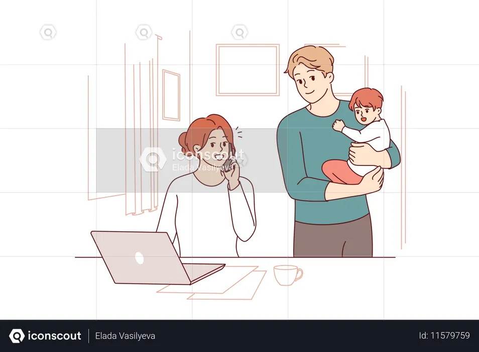 Hausfrau mit Kind steht neben Geschäftsfrau, telefoniert und benutzt Computer  Illustration