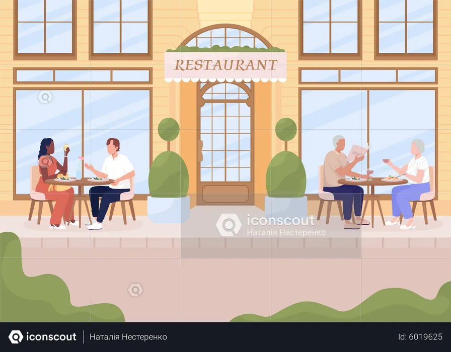 Having cozy dinner on restaurant terrace  Illustration