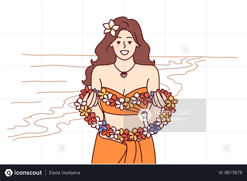Hawaiian Woman holds flower garland  Illustration