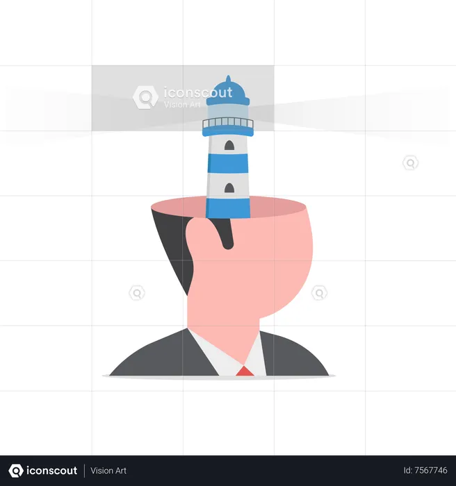 Head with light house shining bright light to see and find guidance  Illustration