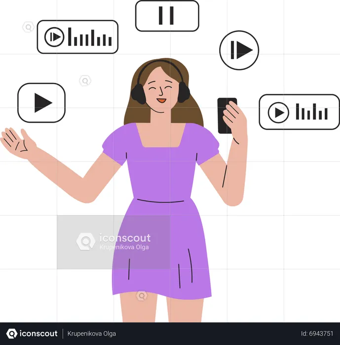 Headphone girl listens to music on smartphone  Illustration