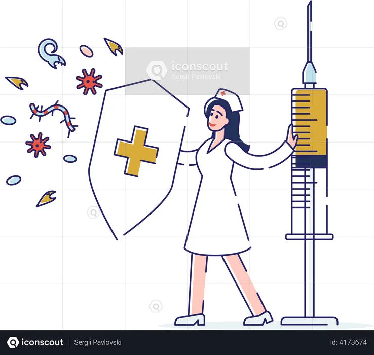 Health care worker secured with shield and vaccine  Illustration