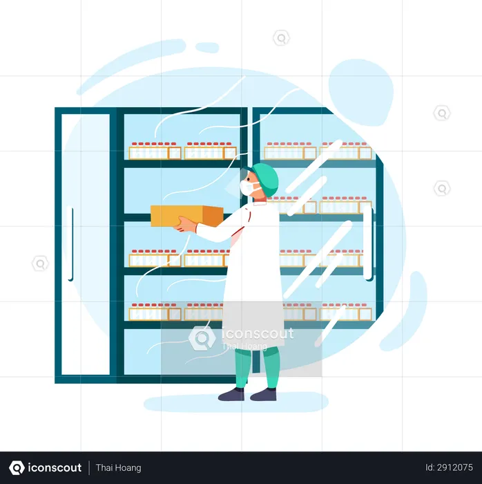 Healthcare worker putting vaccine in deep freezer  Illustration