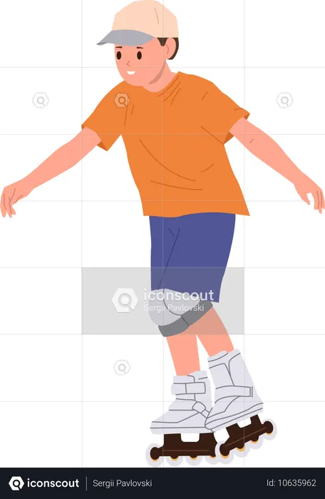 Healthy active boy wearing knee pads riding rollers exercising on street  Illustration