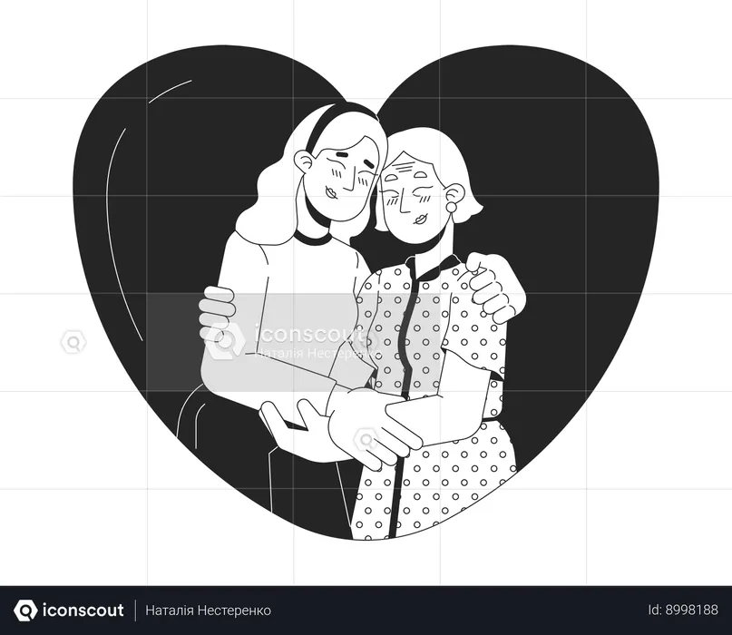 Heart-shaped older mother daughter hug  Illustration