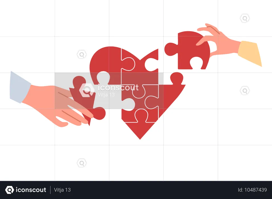 Heart symbolizing charity and mercy consists of puzzles carefully assembled by hands of people  Illustration