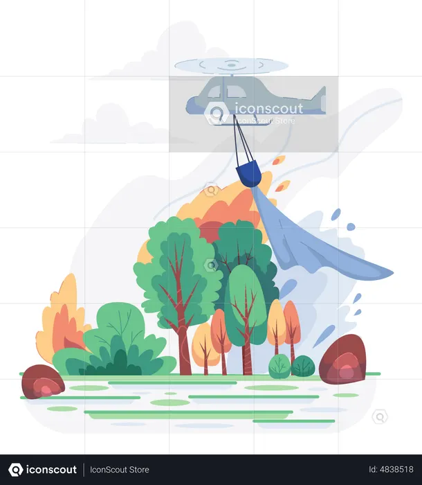 Helicopter bucket full of water extinguishing forest fires  Illustration