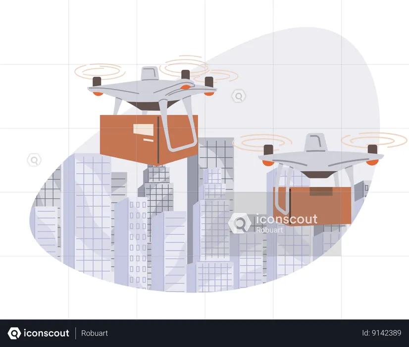 Hélicoptère, quadricoptère pour une logistique urbaine intelligente. Service de livraison par hélicoptère, expédition de colis  Illustration