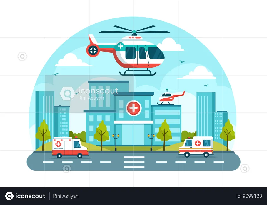 Helicóptero médico y ambulancia.  Ilustración