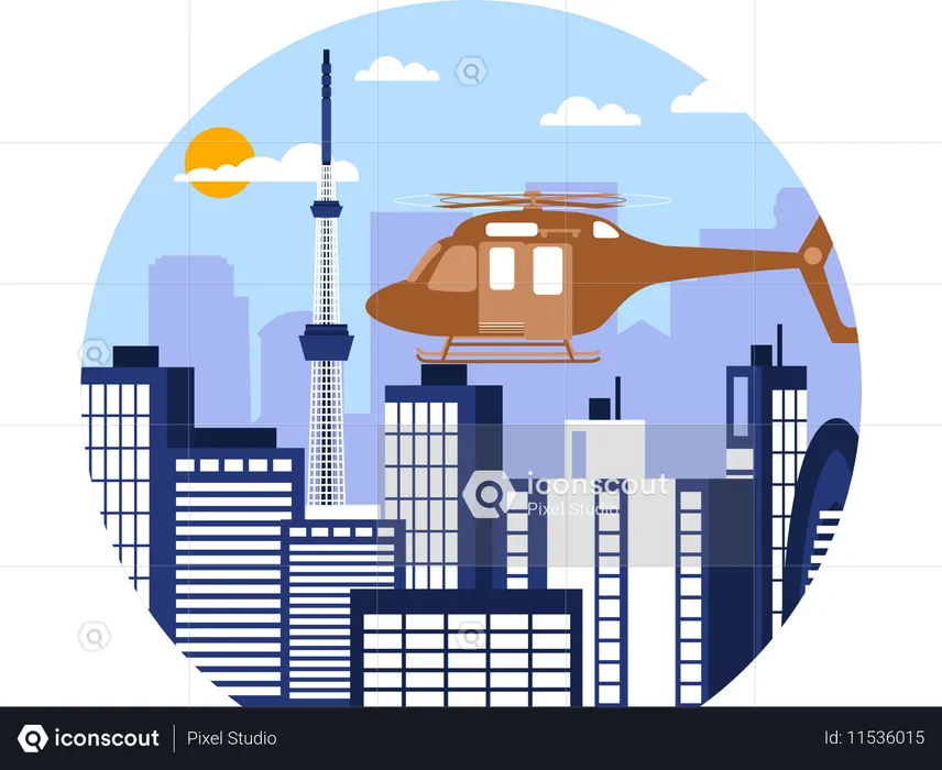 Helicóptero volando en la ciudad  Ilustración