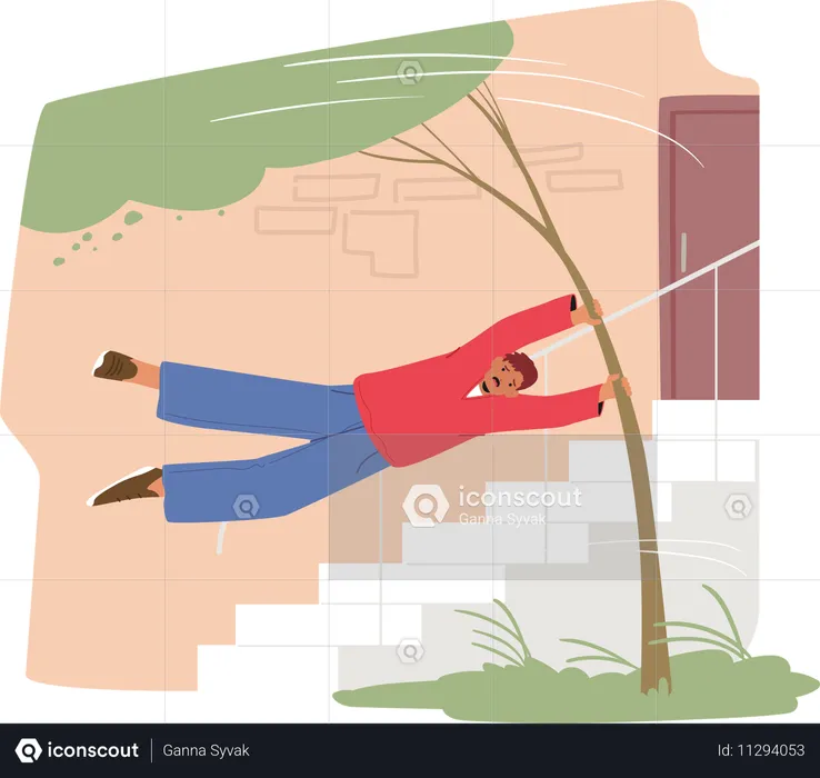 Helpless man holding tree trunk trying to save his life during strong hurricane wind  Illustration