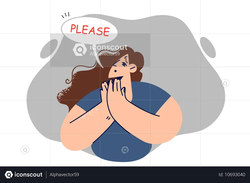 Helpless woman says please and makes piteous expression on face  Illustration